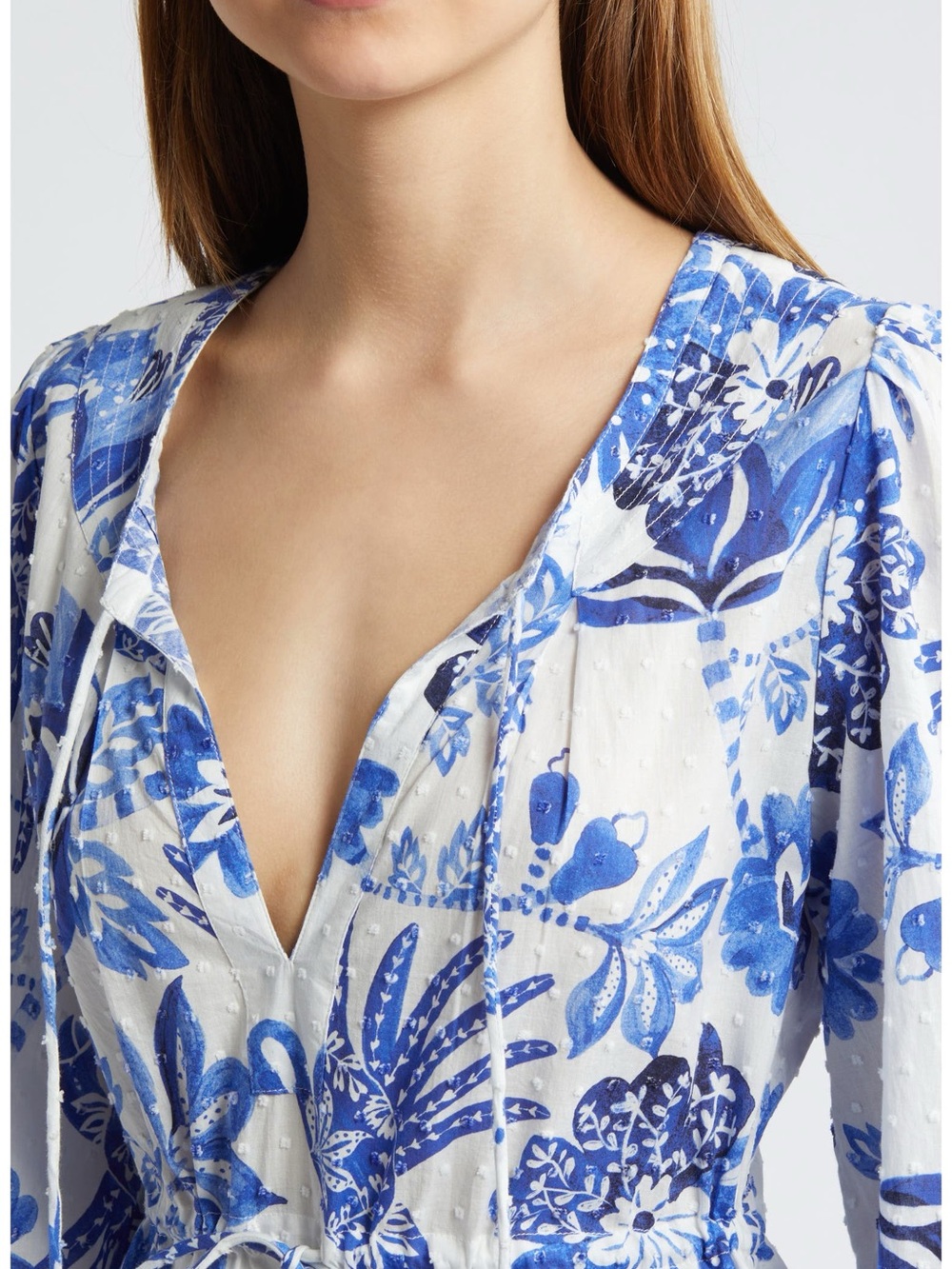 Flowerful Birds Print Long Sleeve Cotton Minidress EUC